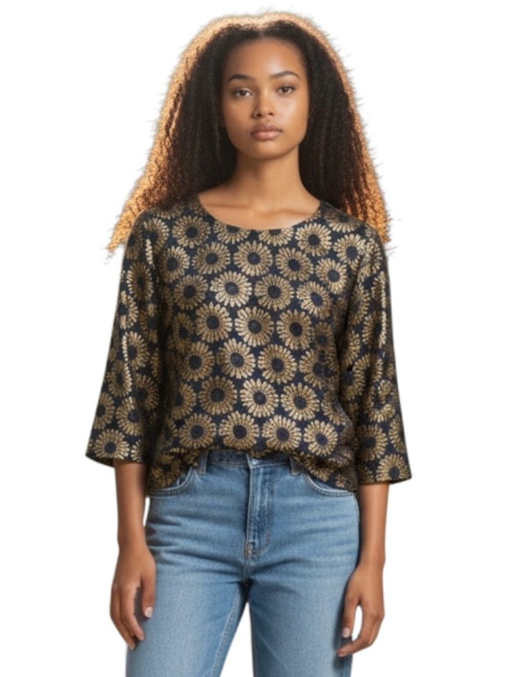 Boden Top Women’s Sz 14 Navy Gold Knitted Embroidered Jacquard Floral Print